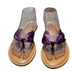 Matilda Jane Womens Floral Purple Satin Scarf Bow Thong Sandals Tan Flat Size 9